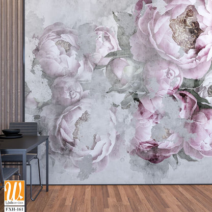 Peonies flowers painted on a concrete grunge wall. Photo wallpaper, wallpaper, mural, card, postcard design in the modern, loft style. [WP-FXH-161]