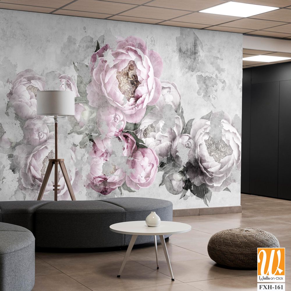Peonies flowers painted on a concrete grunge wall. Photo wallpaper, wallpaper, mural, card, postcard design in the modern, loft style. [WP-FXH-161]