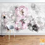 Peonies flowers painted on a concrete grunge wall. Photo wallpaper, wallpaper, mural, card, postcard design in the modern, loft style. [WP-FXH-161]