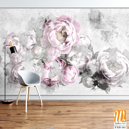 Peonies flowers painted on a concrete grunge wall. Photo wallpaper, wallpaper, mural, card, postcard design in the modern, loft style. [WP-FXH-161]