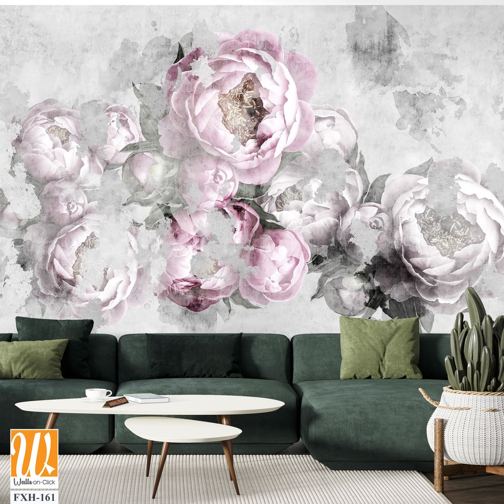 Peonies flowers painted on a concrete grunge wall. Photo wallpaper, wallpaper, mural, card, postcard design in the modern, loft style. [WP-FXH-161]