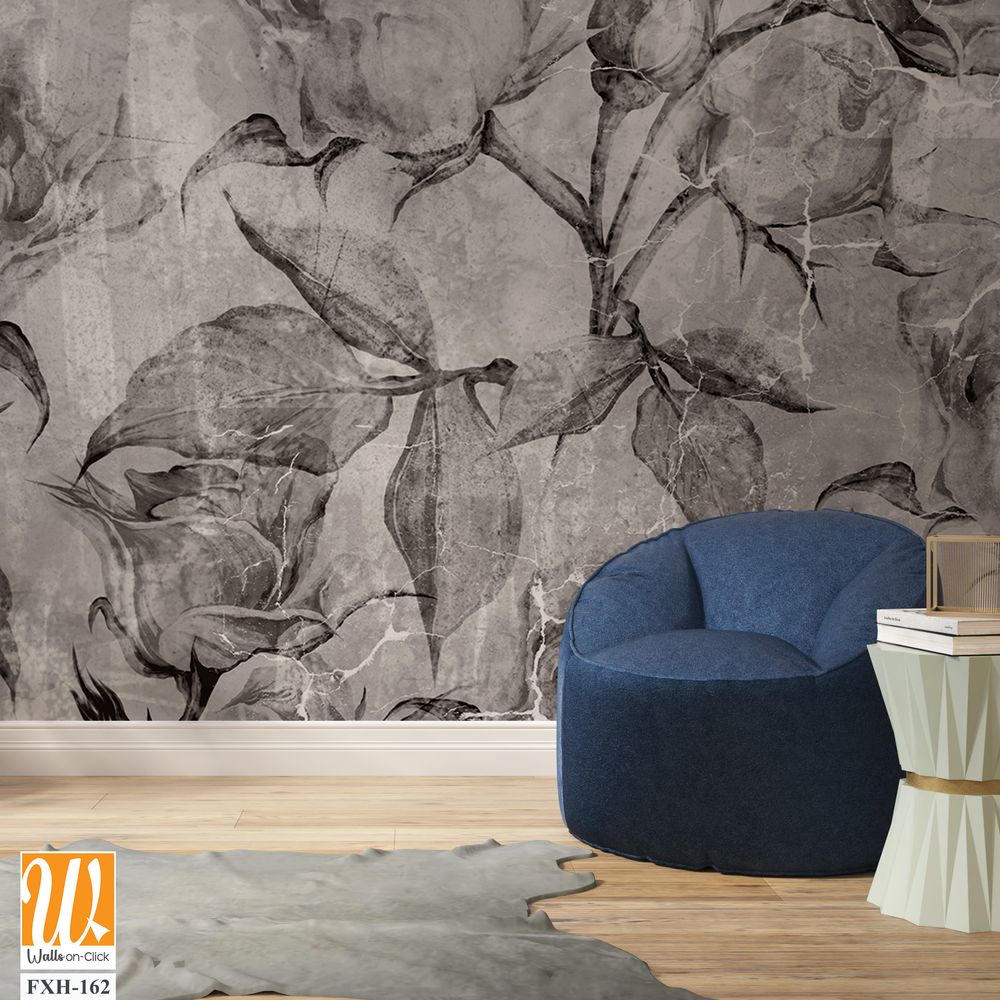 Black and white vintage roses, wall murals in the interior of the room on a textured background [WP-FXH-162]