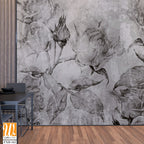 Black and white vintage roses, wall murals in the interior of the room on a textured background [WP-FXH-162]