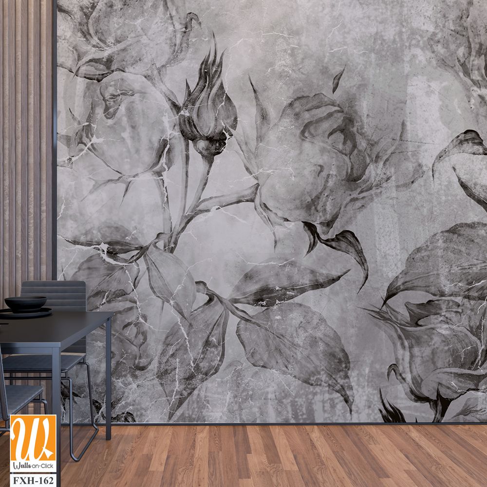 Black and white vintage roses, wall murals in the interior of the room on a textured background [WP-FXH-162]