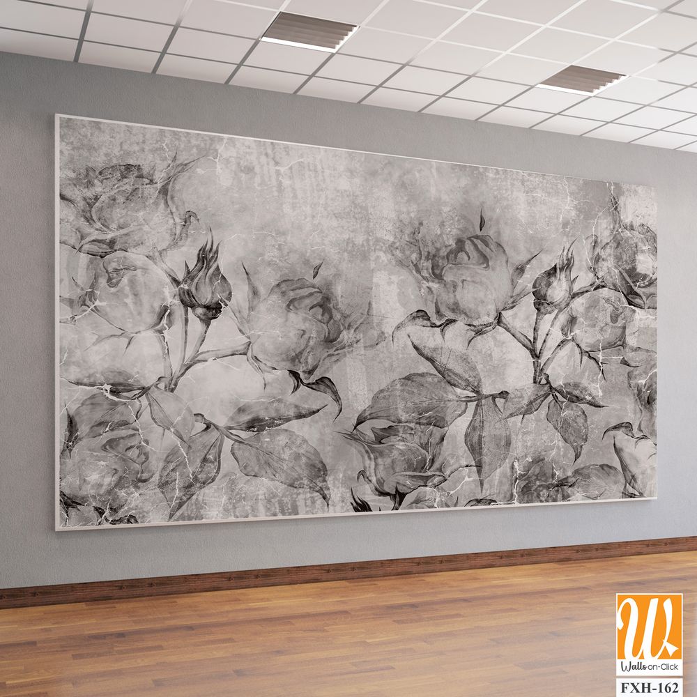 Black and white vintage roses, wall murals in the interior of the room on a textured background [WP-FXH-162]