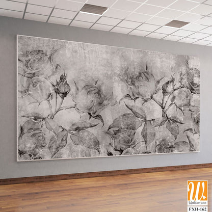Black and white vintage roses, wall murals in the interior of the room on a textured background [WP-FXH-162]