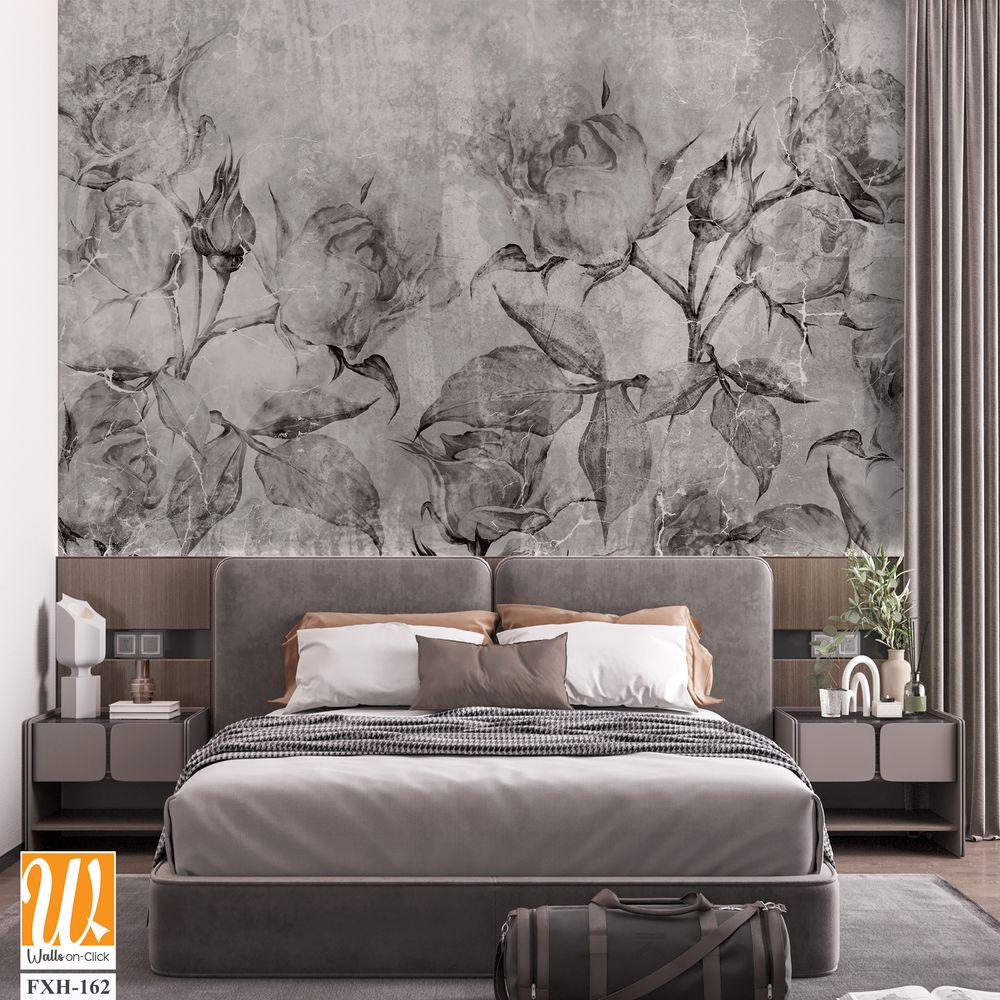 Black and white vintage roses, wall murals in the interior of the room on a textured background [WP-FXH-162]