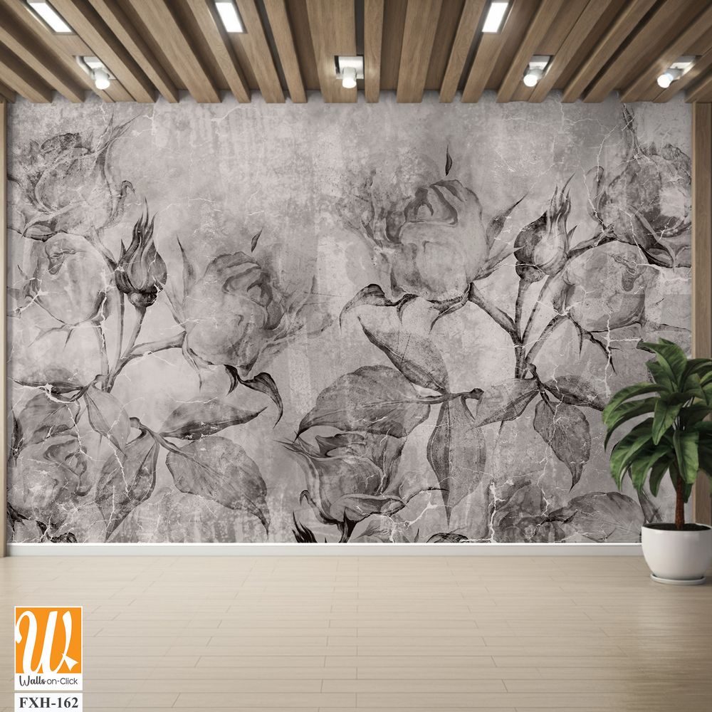 Black and white vintage roses, wall murals in the interior of the room on a textured background [WP-FXH-162]