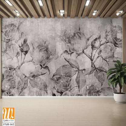 Black and white vintage roses, wall murals in the interior of the room on a textured background [WP-FXH-162]