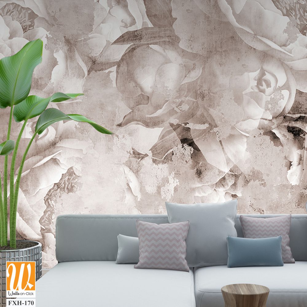 Sepia peonies flowers painted on a concrete grunge wall. Photo wallpaper, wallpaper, mural, card, postcard design in the modern, loft style. [WP-FXH-170]