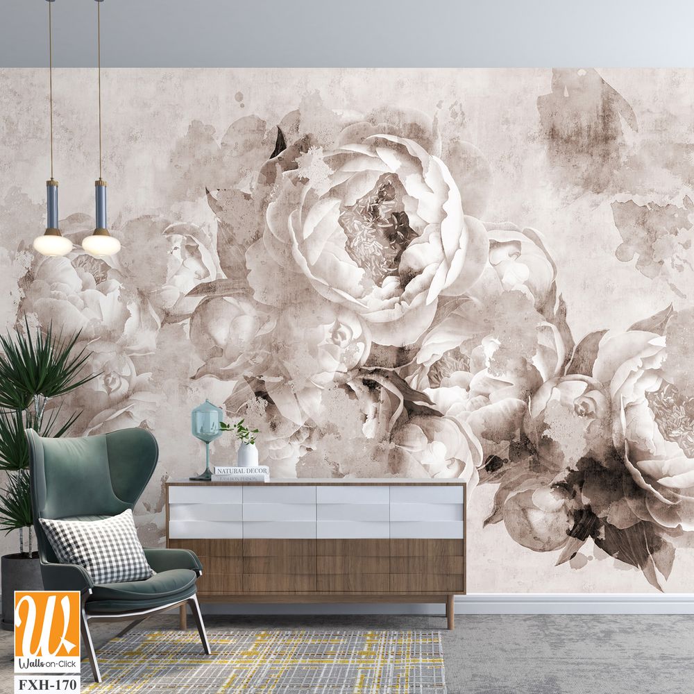 Sepia peonies flowers painted on a concrete grunge wall. Photo wallpaper, wallpaper, mural, card, postcard design in the modern, loft style. [WP-FXH-170]