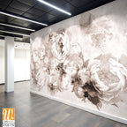 Sepia peonies flowers painted on a concrete grunge wall. Photo wallpaper, wallpaper, mural, card, postcard design in the modern, loft style. [WP-FXH-170]