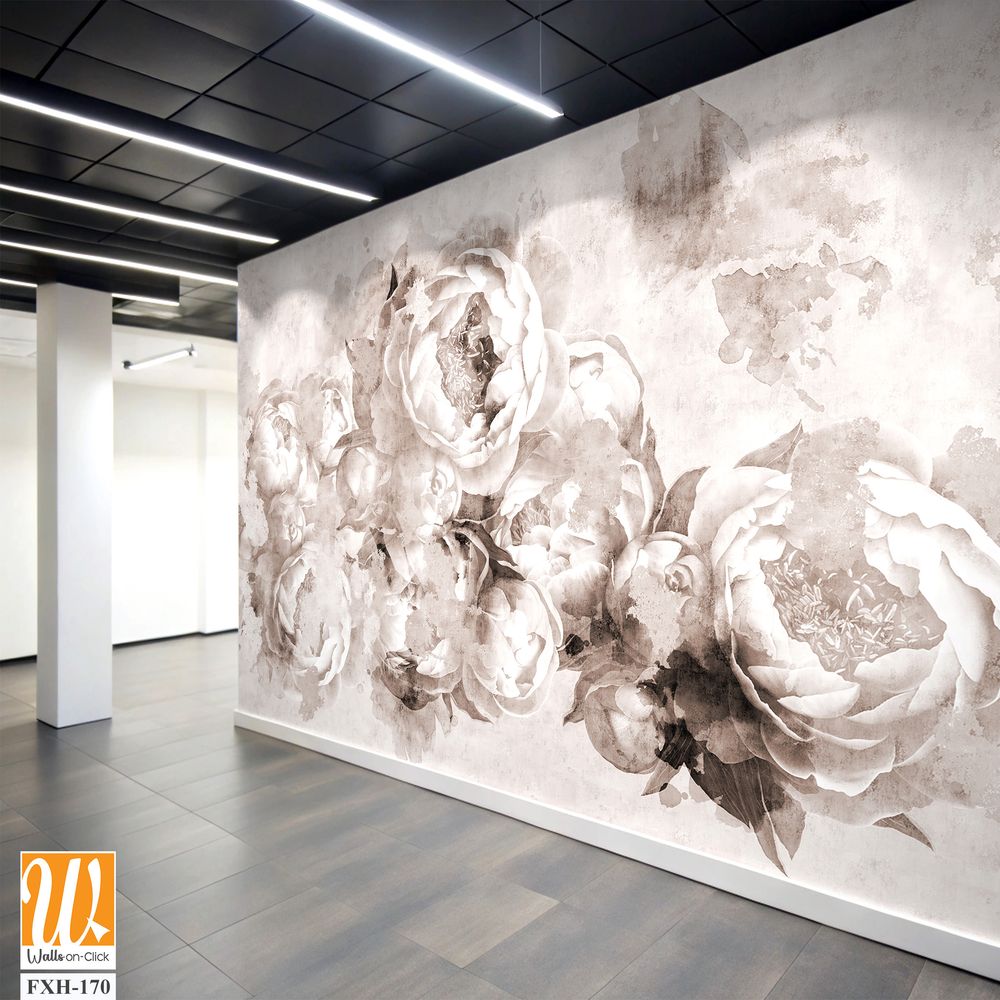 Sepia peonies flowers painted on a concrete grunge wall. Photo wallpaper, wallpaper, mural, card, postcard design in the modern, loft style. [WP-FXH-170]