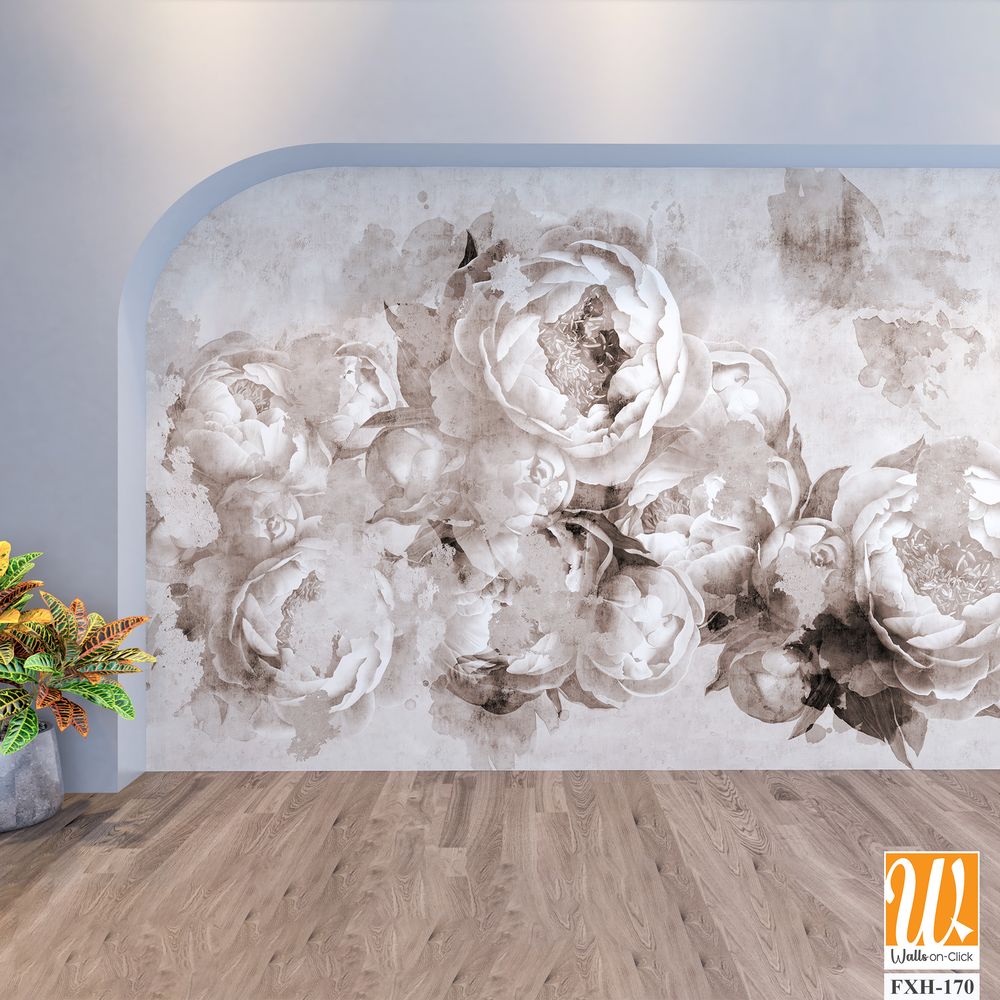Sepia peonies flowers painted on a concrete grunge wall. Photo wallpaper, wallpaper, mural, card, postcard design in the modern, loft style. [WP-FXH-170]