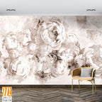 Sepia peonies flowers painted on a concrete grunge wall. Photo wallpaper, wallpaper, mural, card, postcard design in the modern, loft style. [WP-FXH-170]