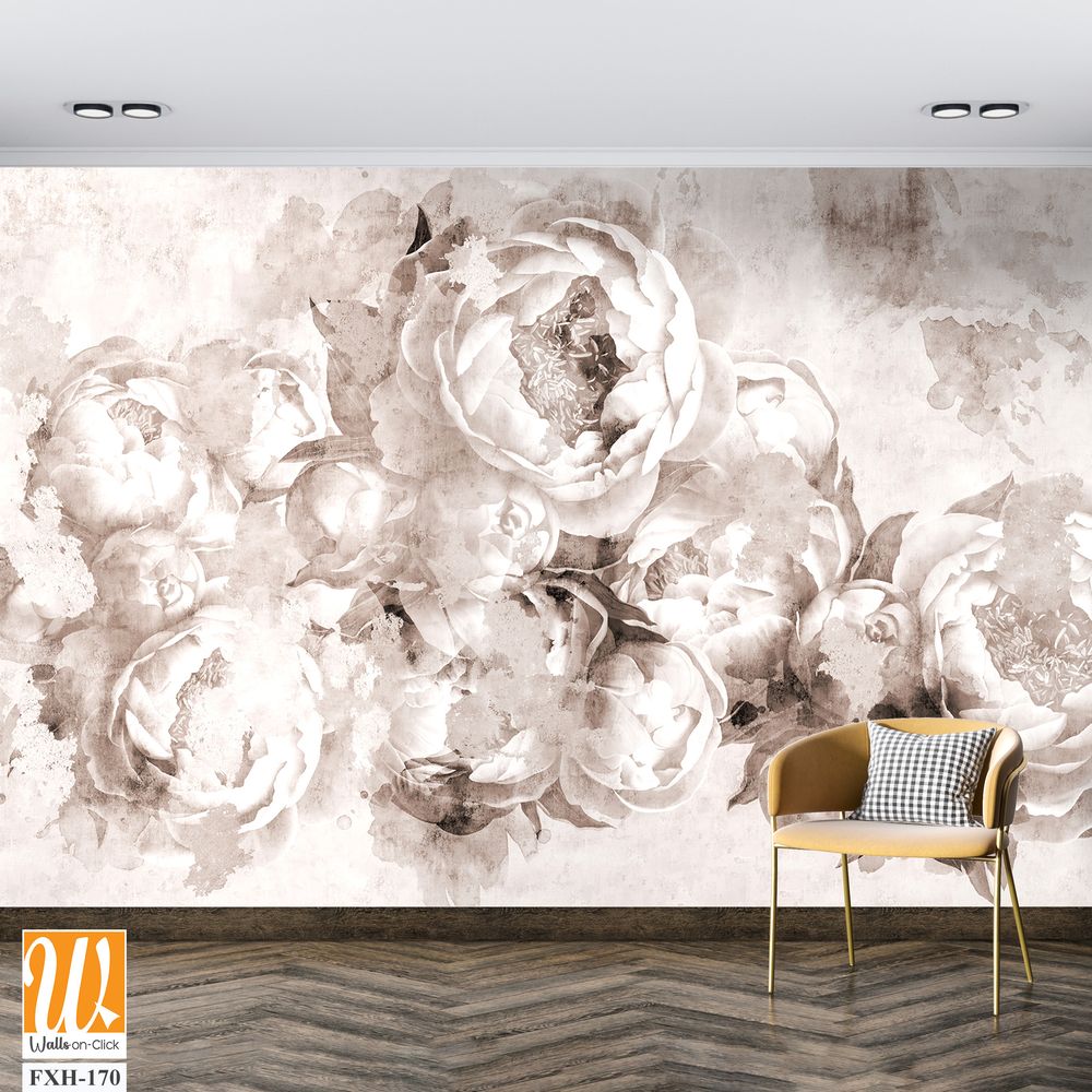 Sepia peonies flowers painted on a concrete grunge wall. Photo wallpaper, wallpaper, mural, card, postcard design in the modern, loft style. [WP-FXH-170]
