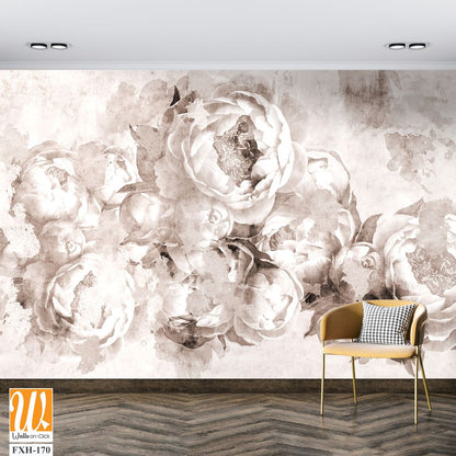 Sepia peonies flowers painted on a concrete grunge wall. Photo wallpaper, wallpaper, mural, card, postcard design in the modern, loft style. [WP-FXH-170]
