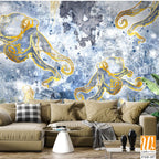Depths of the sea with marine life, octopuses and jellyfish, design of drawn wallpaper for a room or any interior [WP-FXH-187]