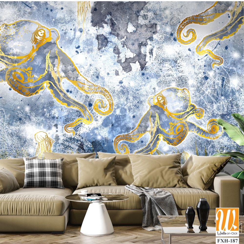 Depths of the sea with marine life, octopuses and jellyfish, design of drawn wallpaper for a room or any interior [WP-FXH-187]