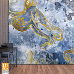 Depths of the sea with marine life, octopuses and jellyfish, design of drawn wallpaper for a room or any interior [WP-FXH-187]