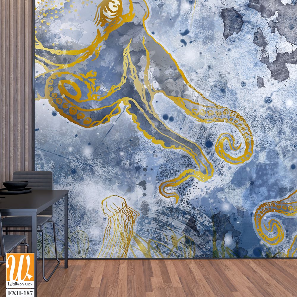 Depths of the sea with marine life, octopuses and jellyfish, design of drawn wallpaper for a room or any interior [WP-FXH-187]
