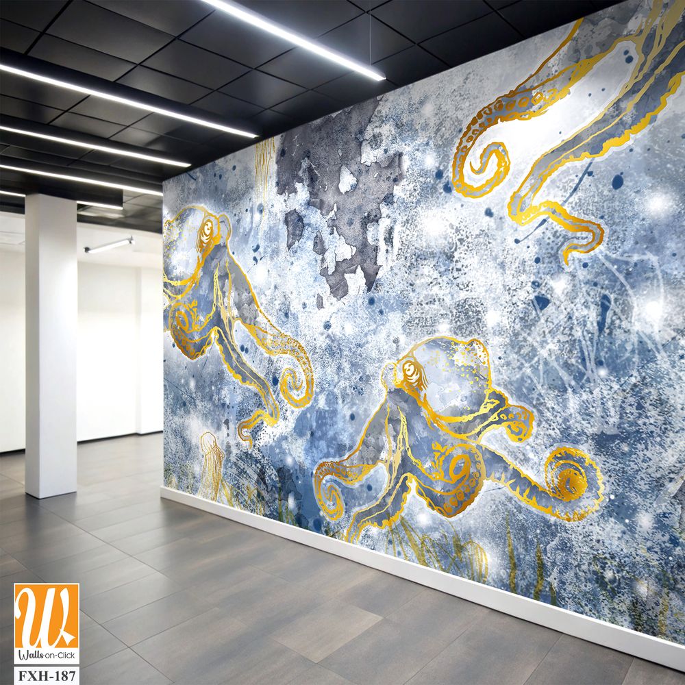 Depths of the sea with marine life, octopuses and jellyfish, design of drawn wallpaper for a room or any interior [WP-FXH-187]