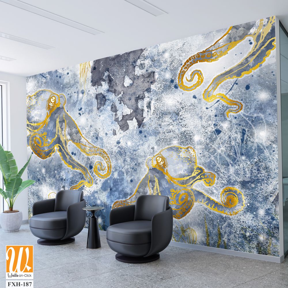 Depths of the sea with marine life, octopuses and jellyfish, design of drawn wallpaper for a room or any interior [WP-FXH-187]