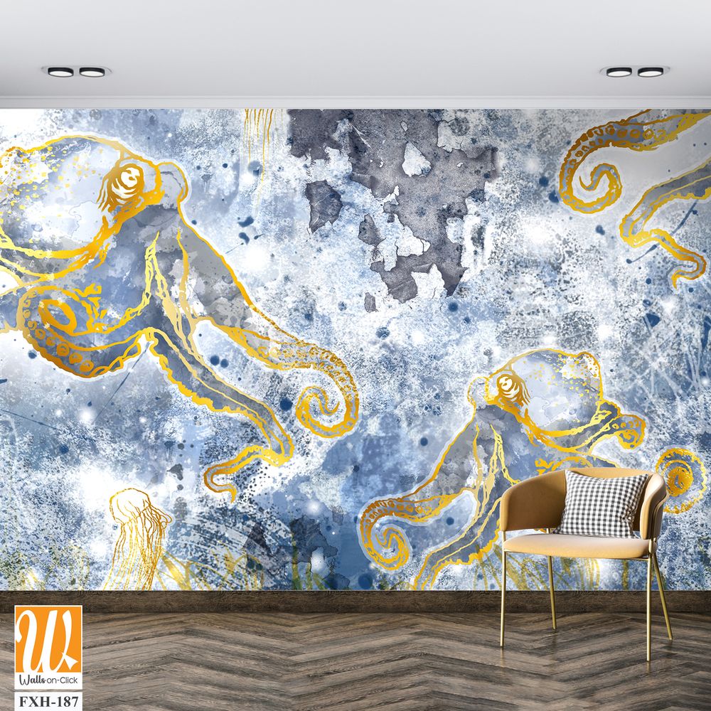 Depths of the sea with marine life, octopuses and jellyfish, design of drawn wallpaper for a room or any interior [WP-FXH-187]