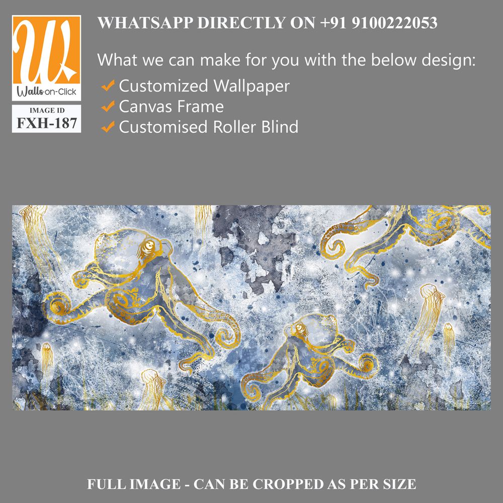 Depths of the sea with marine life, octopuses and jellyfish, design of drawn wallpaper for a room or any interior [WP-FXH-187]