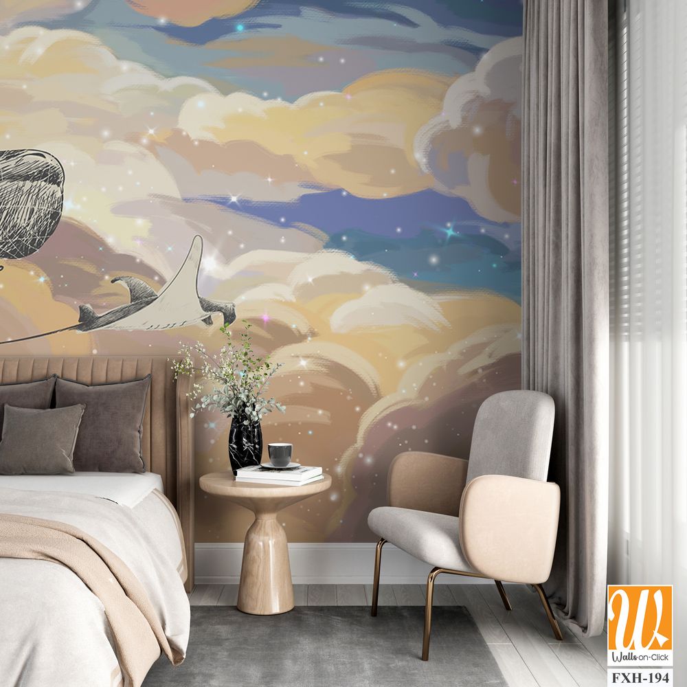 Bright colourful sky wallpaper. Whale in the sky.Starry sky illustration. Illustration of clouds on a blue background. Beautifully painted sky.Drawn book illustration, card, postcard, wallpaper, mural [WP-FXH-194]