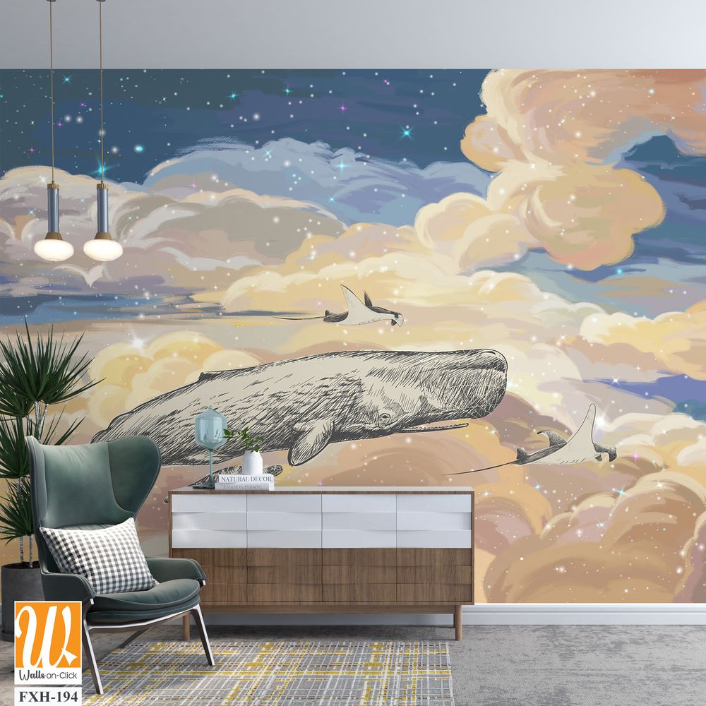 Bright colourful sky wallpaper. Whale in the sky.Starry sky illustration. Illustration of clouds on a blue background. Beautifully painted sky.Drawn book illustration, card, postcard, wallpaper, mural [WP-FXH-194]