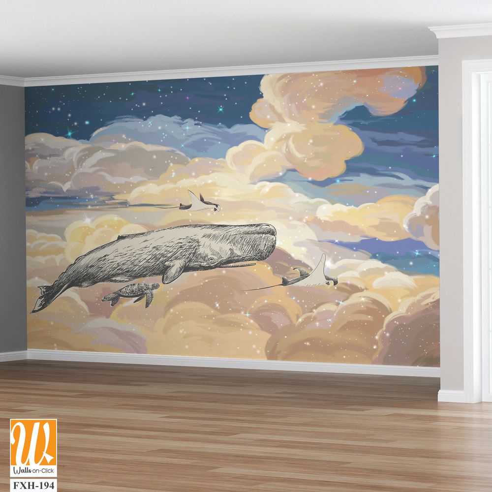 Bright colourful sky wallpaper. Whale in the sky.Starry sky illustration. Illustration of clouds on a blue background. Beautifully painted sky.Drawn book illustration, card, postcard, wallpaper, mural [WP-FXH-194]