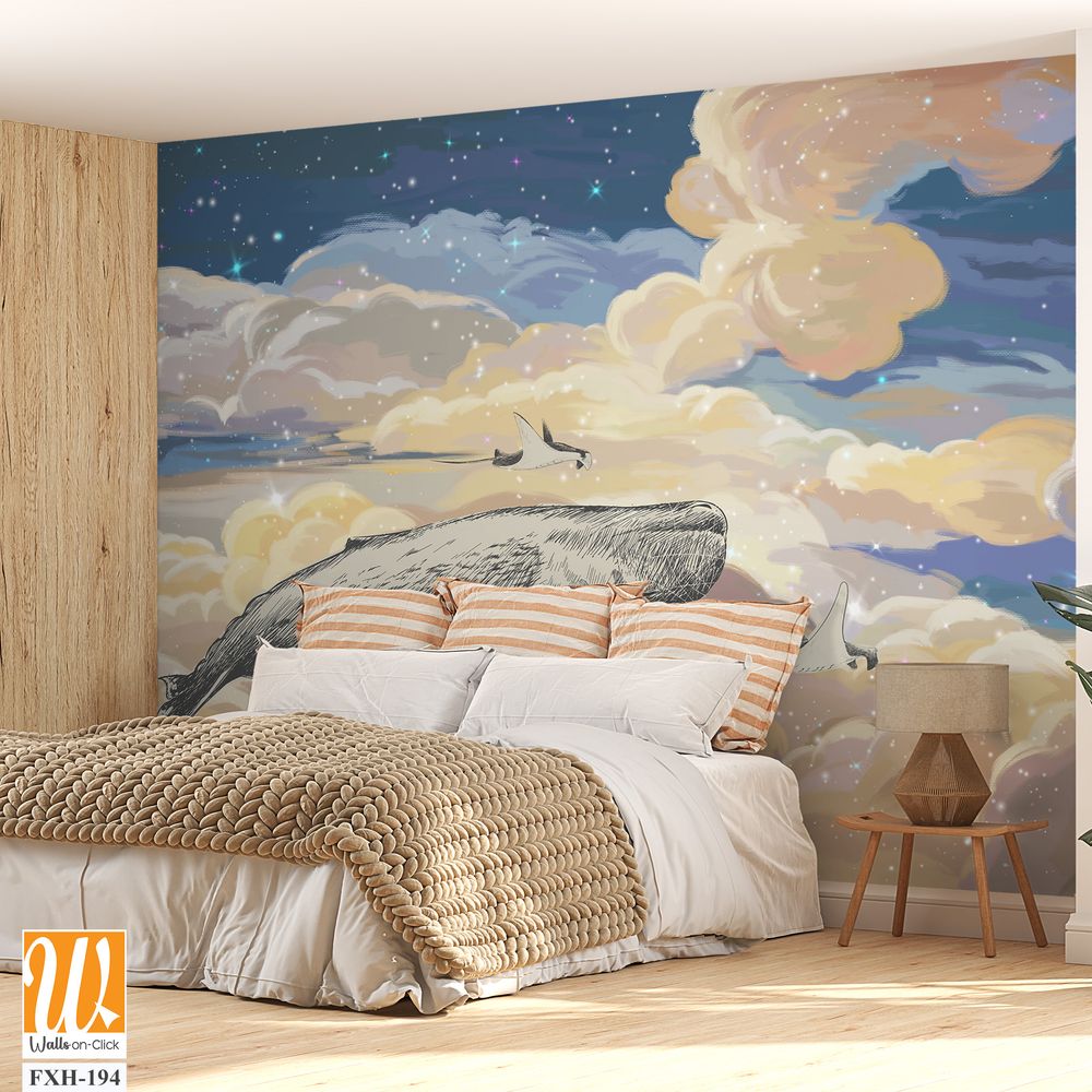 Bright colourful sky wallpaper. Whale in the sky.Starry sky illustration. Illustration of clouds on a blue background. Beautifully painted sky.Drawn book illustration, card, postcard, wallpaper, mural [WP-FXH-194]