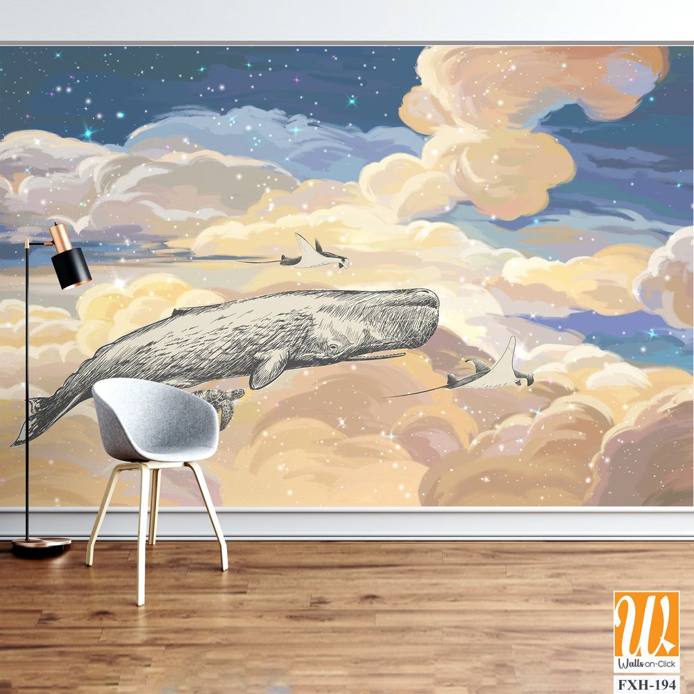 Bright colourful sky wallpaper. Whale in the sky.Starry sky illustration. Illustration of clouds on a blue background. Beautifully painted sky.Drawn book illustration, card, postcard, wallpaper, mural [WP-FXH-194]