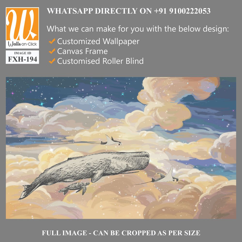 Bright colourful sky wallpaper. Whale in the sky.Starry sky illustration. Illustration of clouds on a blue background. Beautifully painted sky.Drawn book illustration, card, postcard, wallpaper, mural [WP-FXH-194]