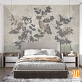 Sweet peas. Graphic white wildflowers painted on the abstract grunge wall. Floral background in loft, modern style. Design for wall mural, card, postcard, wallpaper, photo wallpaper. [WP-FXH-197]