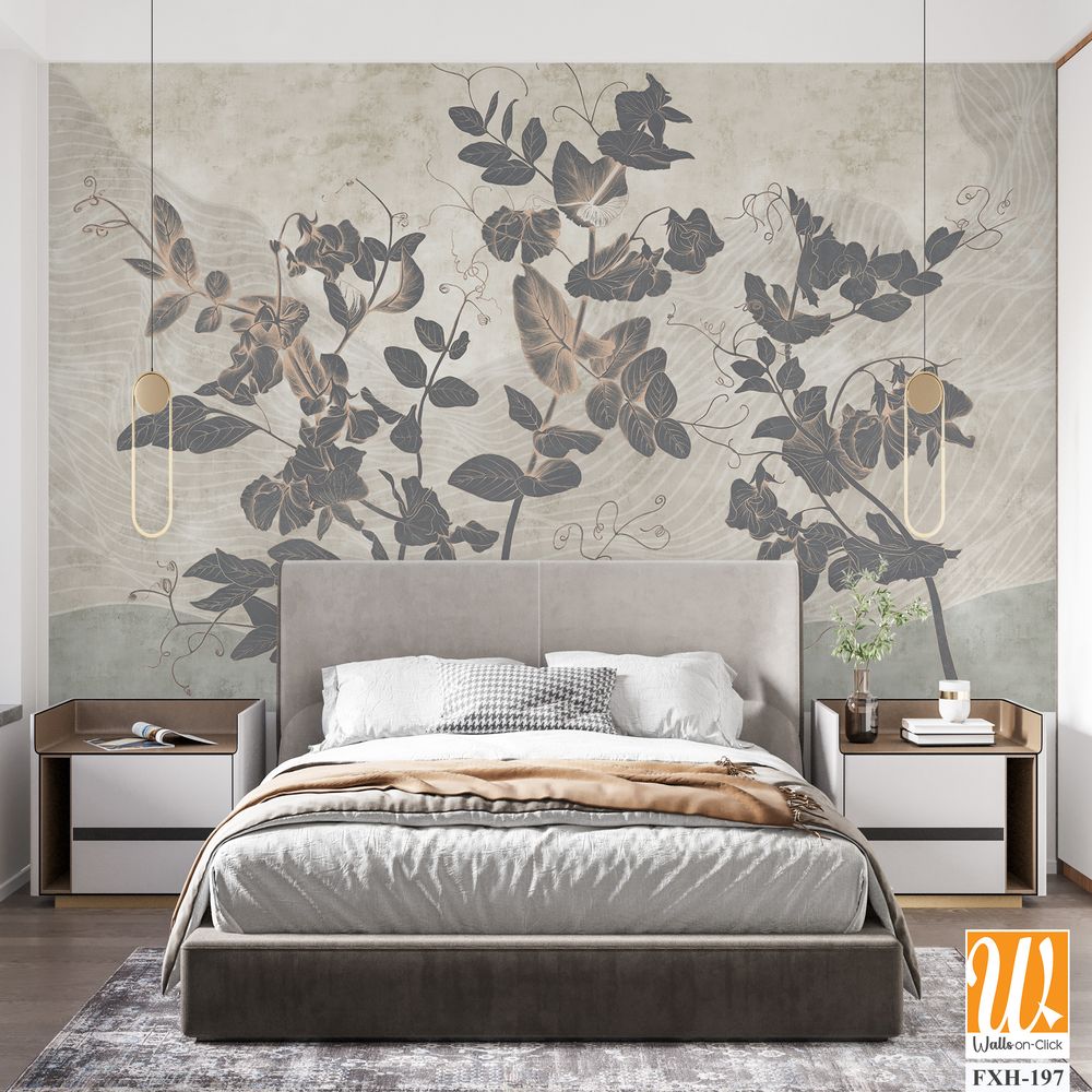 Sweet peas. Graphic white wildflowers painted on the abstract grunge wall. Floral background in loft, modern style. Design for wall mural, card, postcard, wallpaper, photo wallpaper. [WP-FXH-197]