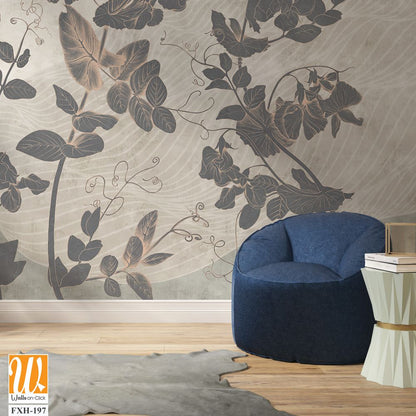 Sweet peas. Graphic white wildflowers painted on the abstract grunge wall. Floral background in loft, modern style. Design for wall mural, card, postcard, wallpaper, photo wallpaper. [WP-FXH-197]