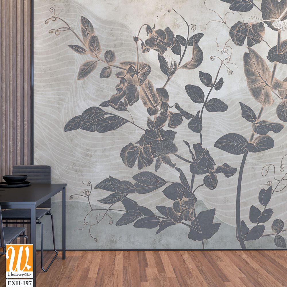 Sweet peas. Graphic white wildflowers painted on the abstract grunge wall. Floral background in loft, modern style. Design for wall mural, card, postcard, wallpaper, photo wallpaper. [WP-FXH-197]