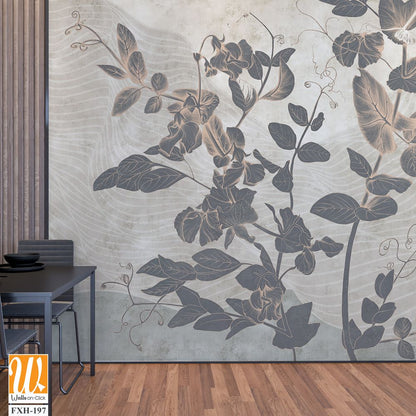 Sweet peas. Graphic white wildflowers painted on the abstract grunge wall. Floral background in loft, modern style. Design for wall mural, card, postcard, wallpaper, photo wallpaper. [WP-FXH-197]