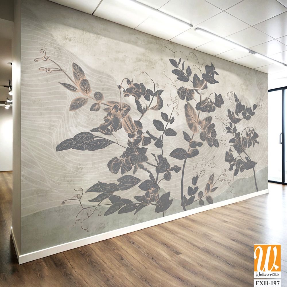 Sweet peas. Graphic white wildflowers painted on the abstract grunge wall. Floral background in loft, modern style. Design for wall mural, card, postcard, wallpaper, photo wallpaper. [WP-FXH-197]