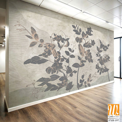 Sweet peas. Graphic white wildflowers painted on the abstract grunge wall. Floral background in loft, modern style. Design for wall mural, card, postcard, wallpaper, photo wallpaper. [WP-FXH-197]