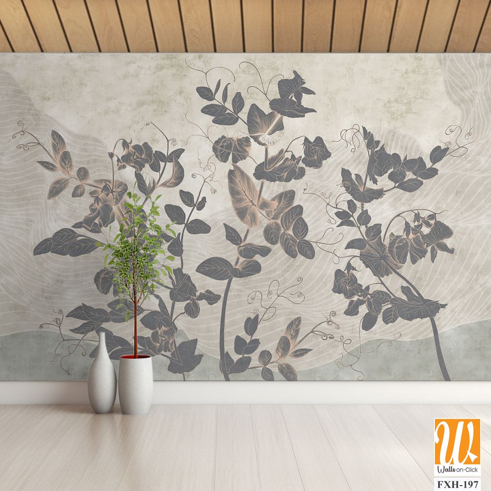 Sweet peas. Graphic white wildflowers painted on the abstract grunge wall. Floral background in loft, modern style. Design for wall mural, card, postcard, wallpaper, photo wallpaper. [WP-FXH-197]