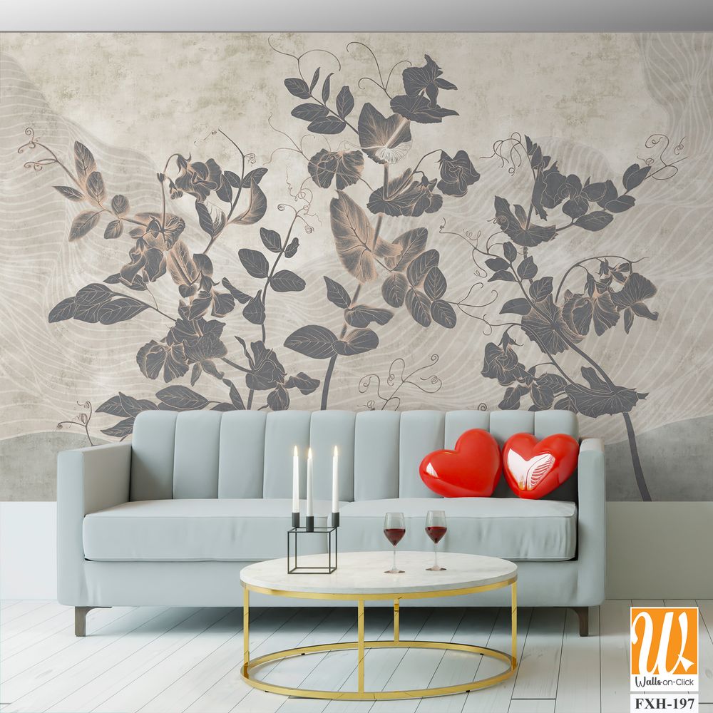 Sweet peas. Graphic white wildflowers painted on the abstract grunge wall. Floral background in loft, modern style. Design for wall mural, card, postcard, wallpaper, photo wallpaper. [WP-FXH-197]