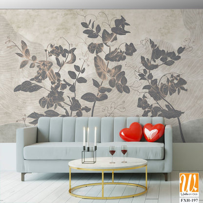 Sweet peas. Graphic white wildflowers painted on the abstract grunge wall. Floral background in loft, modern style. Design for wall mural, card, postcard, wallpaper, photo wallpaper. [WP-FXH-197]