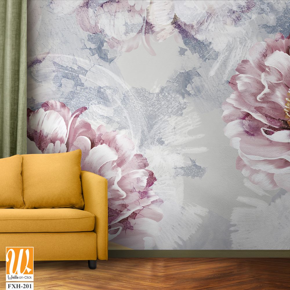Drawn art peonies on a textured wall with imitation of scuffs. Photo wallpaper in a room or interior of a house. For printing on a label poster of a postcard [WP-FXH-201]