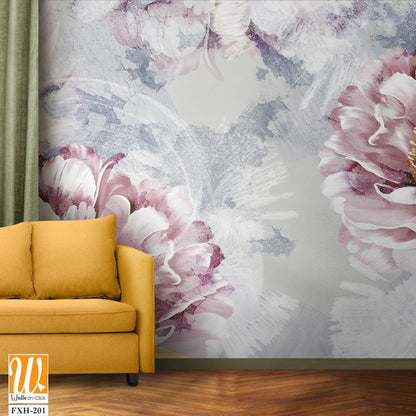 Drawn art peonies on a textured wall with imitation of scuffs. Photo wallpaper in a room or interior of a house. For printing on a label poster of a postcard [WP-FXH-201]