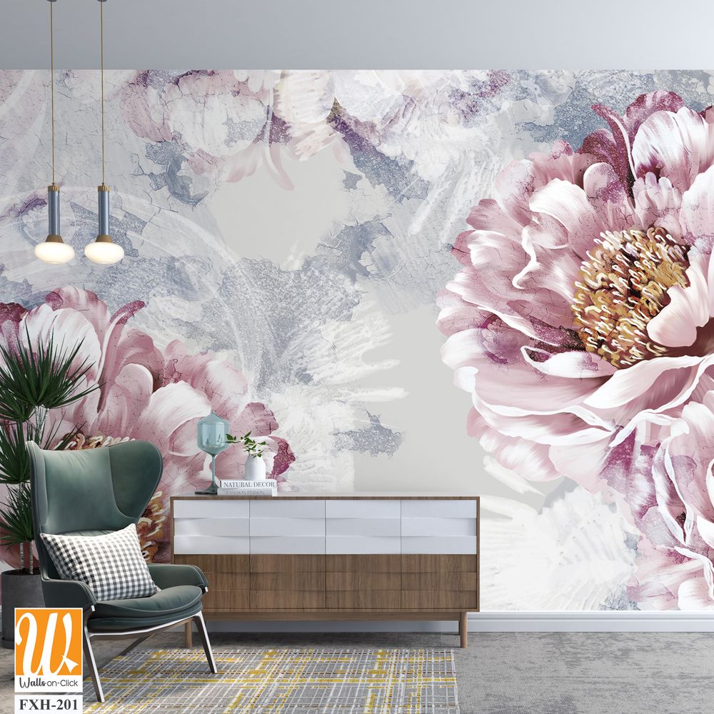 Drawn art peonies on a textured wall with imitation of scuffs. Photo wallpaper in a room or interior of a house. For printing on a label poster of a postcard [WP-FXH-201]