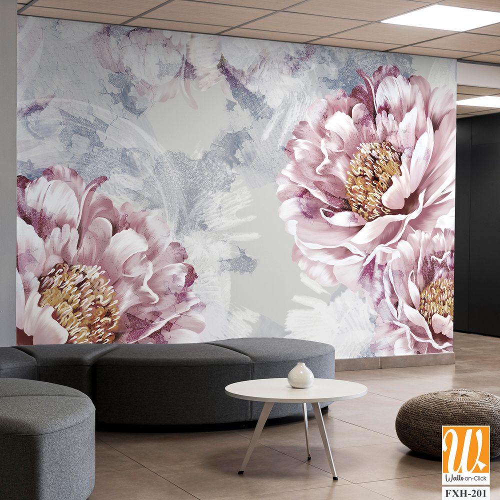 Drawn art peonies on a textured wall with imitation of scuffs. Photo wallpaper in a room or interior of a house. For printing on a label poster of a postcard [WP-FXH-201]