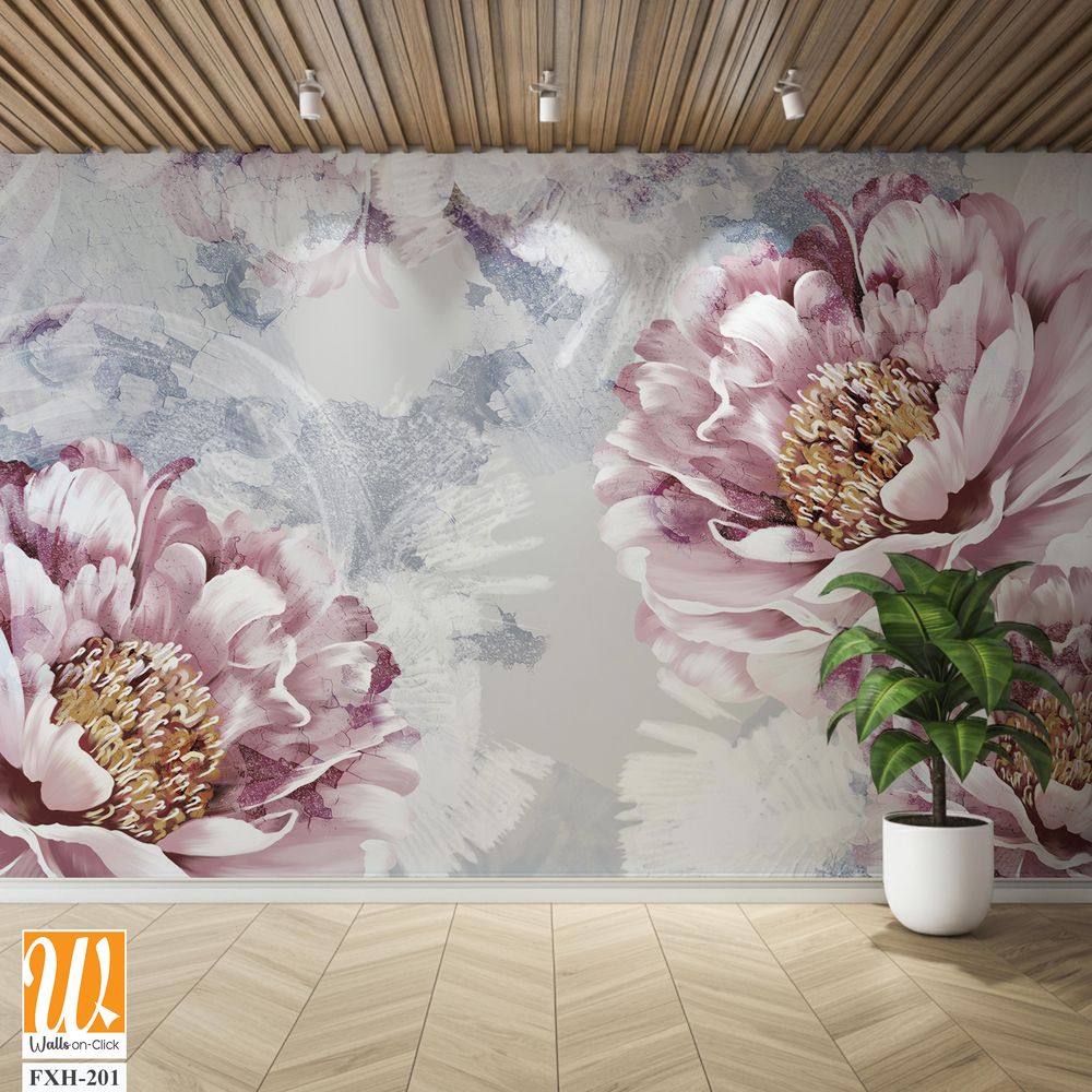 Drawn art peonies on a textured wall with imitation of scuffs. Photo wallpaper in a room or interior of a house. For printing on a label poster of a postcard [WP-FXH-201]